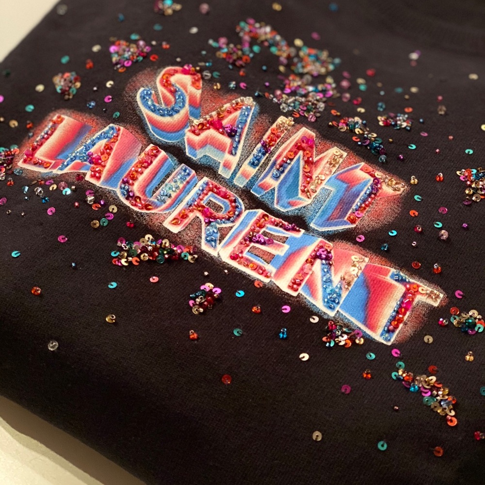 Saint Laurent Neon Logo Sequined Black Sweatshirt - Picture 3 of 6